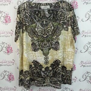Lisa International T-shirt rhinestone crystal Black and Cream Paisley Blouse